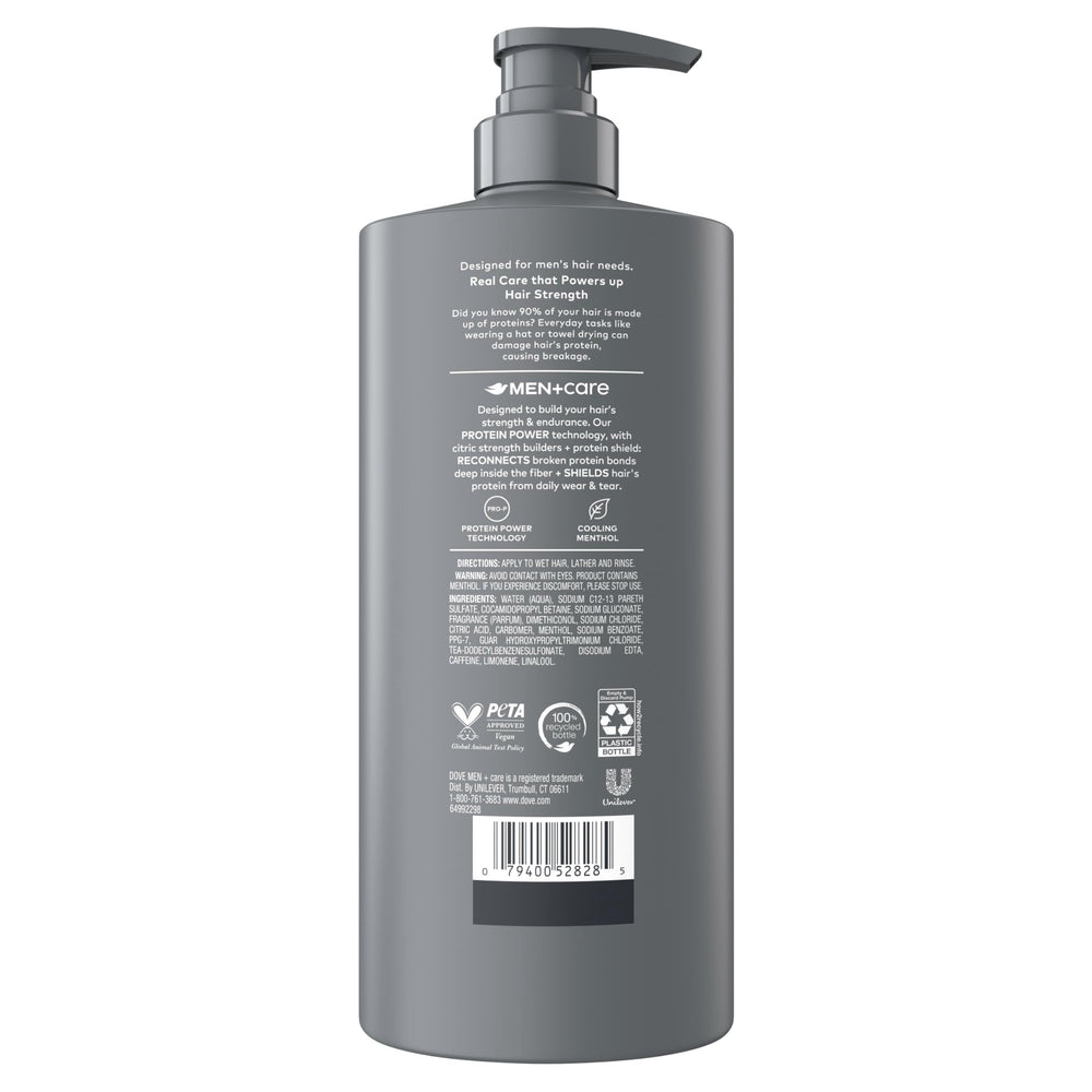 Dove Men+Care Fresh + Clean 2-in-1 bottle sideview highlights one-step cleanse.