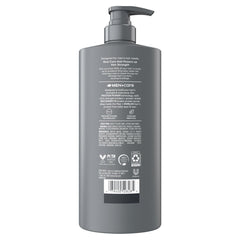 Dove Men+Care Fresh + Clean 2-in-1 bottle sideview highlights one-step cleanse.
