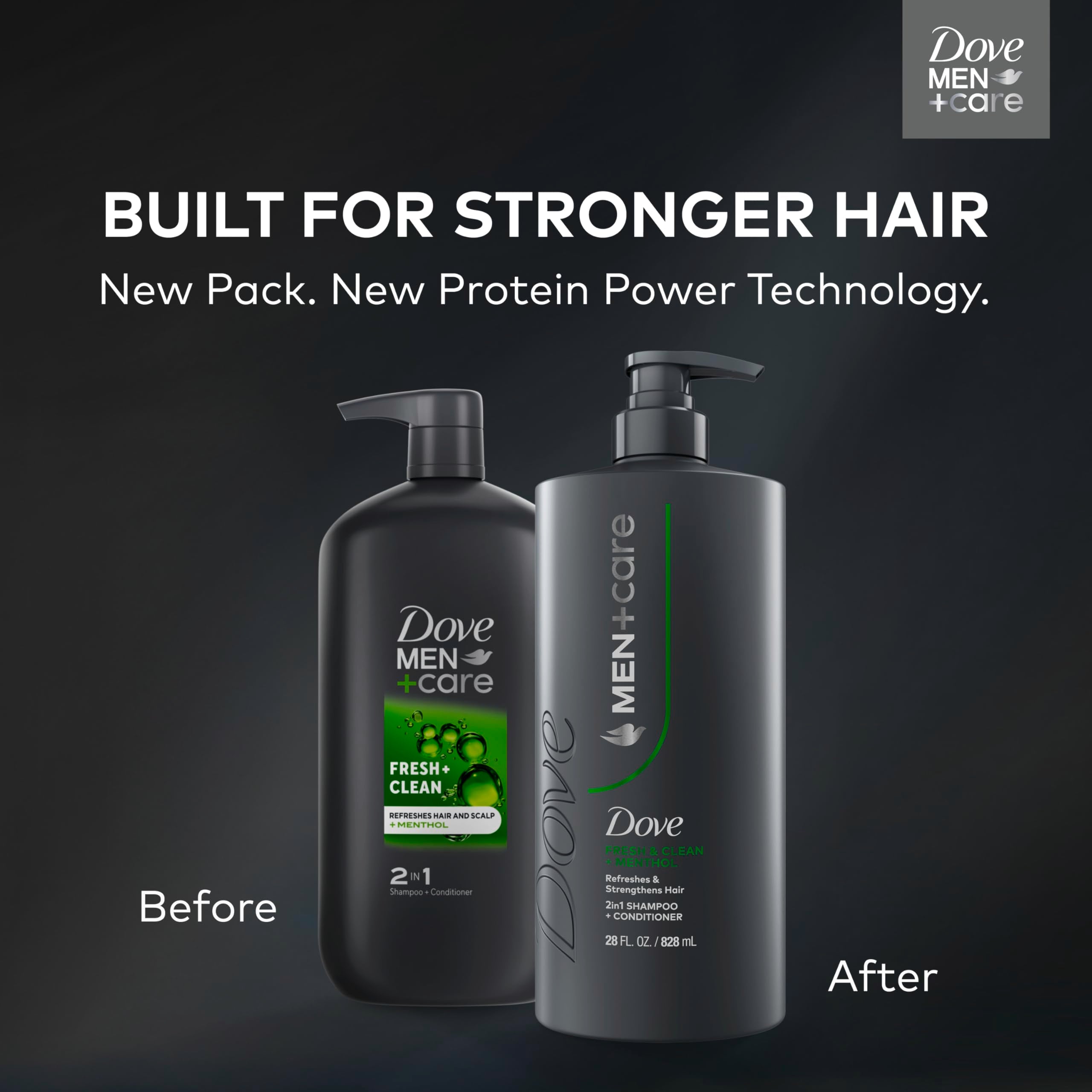 Dove Men+Care Fresh + Clean label closeup shows protein-powered fortification.