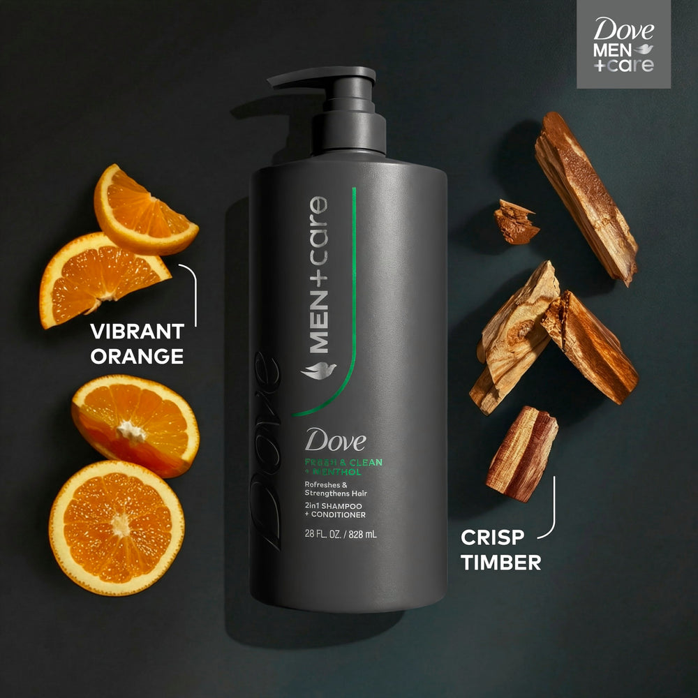 Dove Men+Care Fresh + Clean menthol and caffeine energize the scalp.