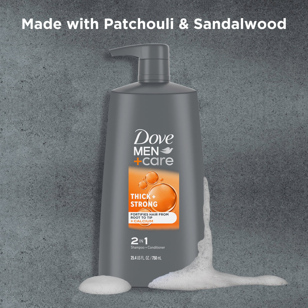 Dove Men+Care hair-strength visual emphasizes fiber reinforcement from root to tip.