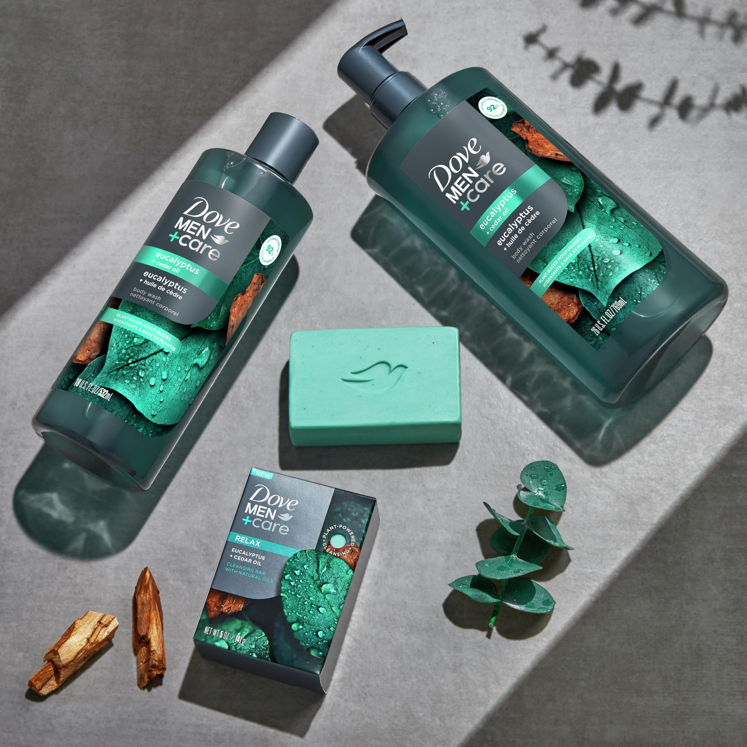 Hojas de eucalipto junto al gel de DOVE MEN + CARE