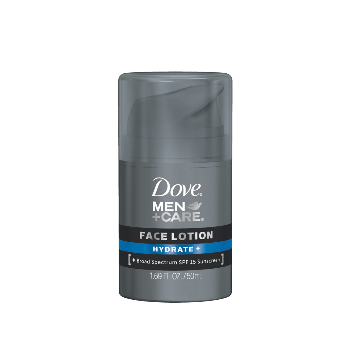 Dove Men+Care Hydrate Face Lotion SPF 15 bottle shown for everyday moisture and sun protection.
