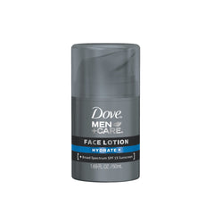 Dove Men+Care Hydrate Face Lotion SPF 15 bottle shown for everyday moisture and sun protection.