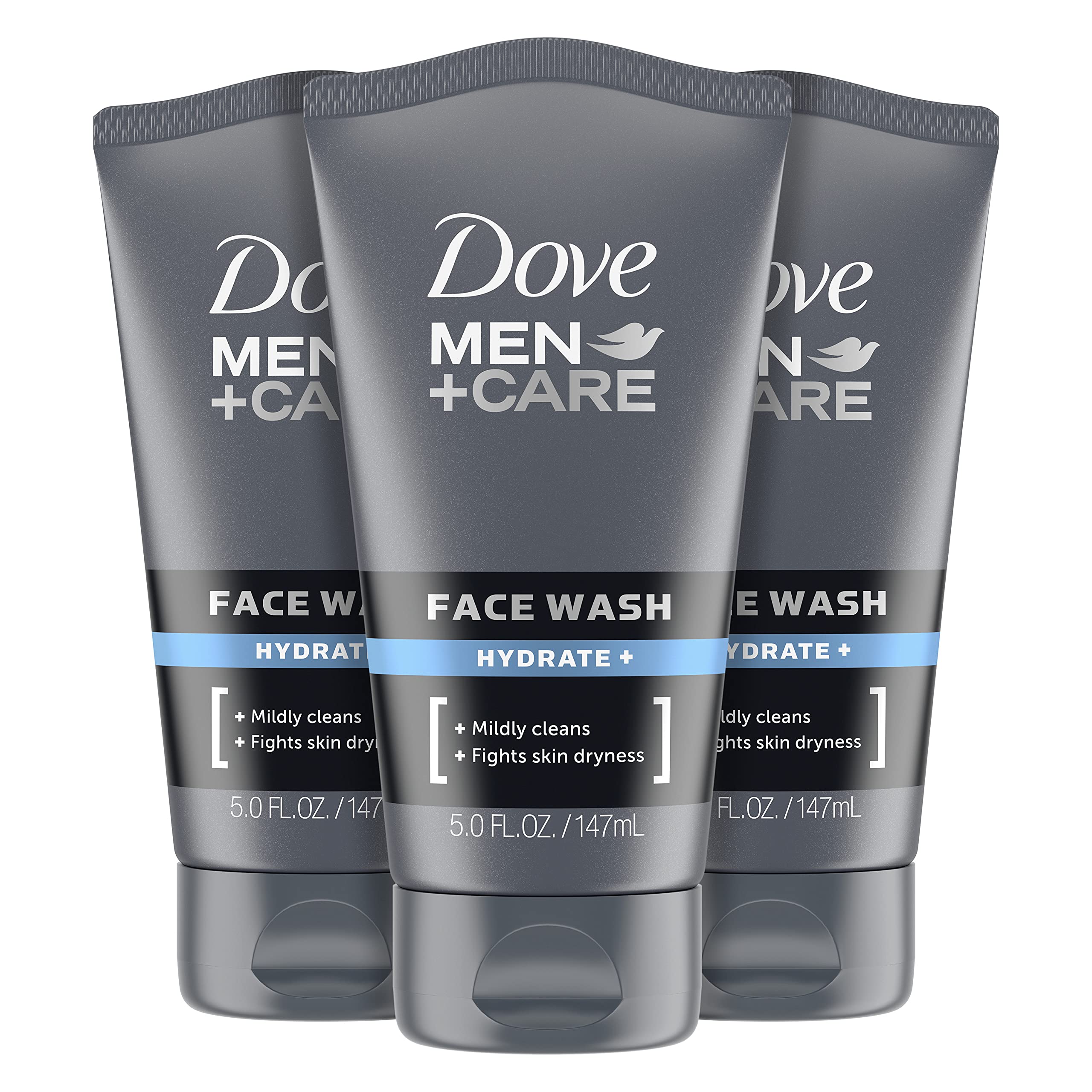 Dove Men+Care Hydrate Plus Face Wash bottle showing daily cleansing for dry skin