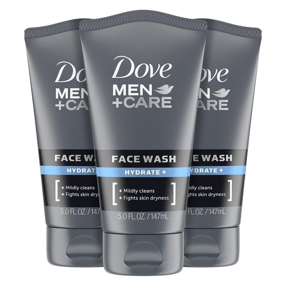 Dove Men+Care Hydrate Plus Face Wash bottle showing daily cleansing for dry skin