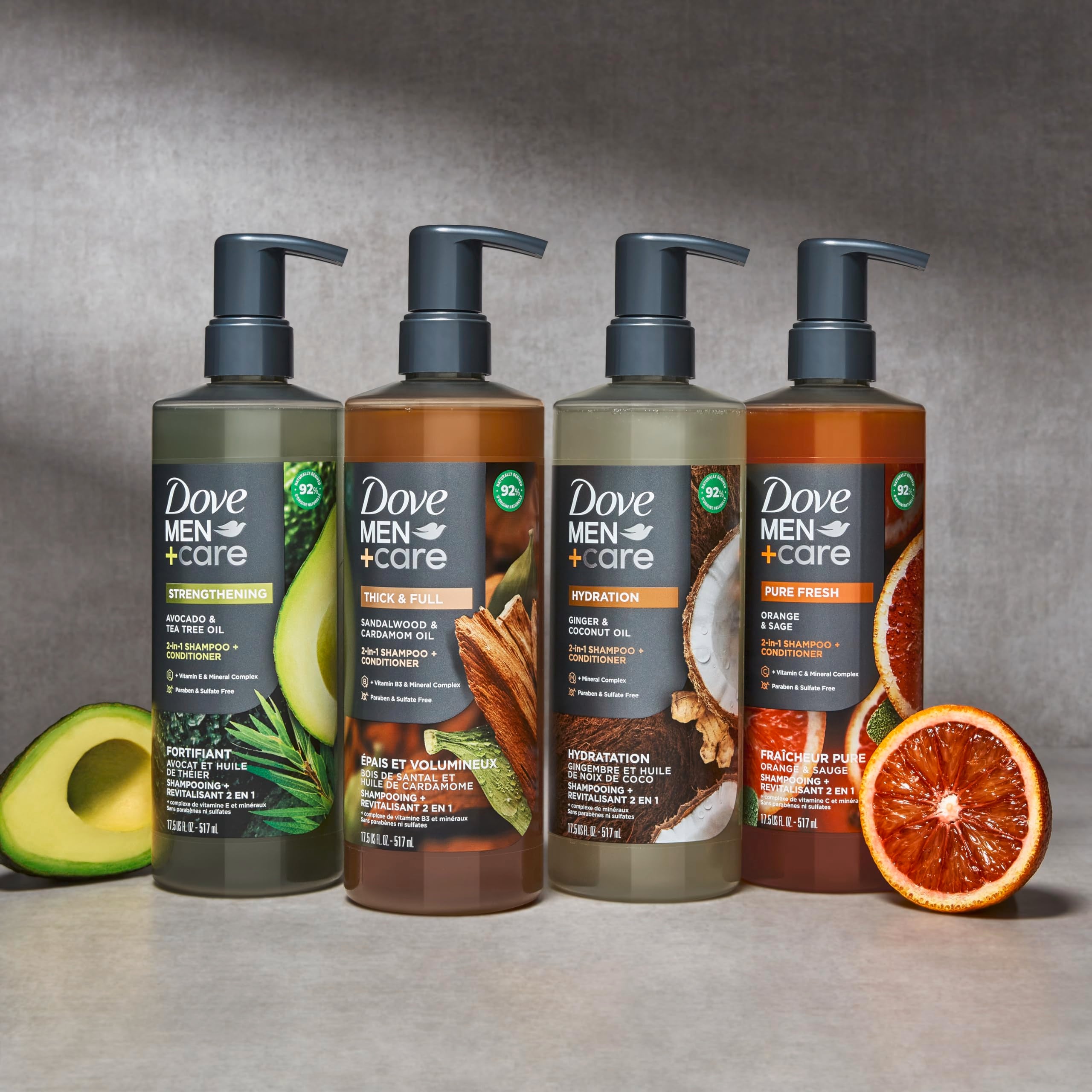 DOVE MEN + CARE ingredientes de origen natural para cabello limpio.