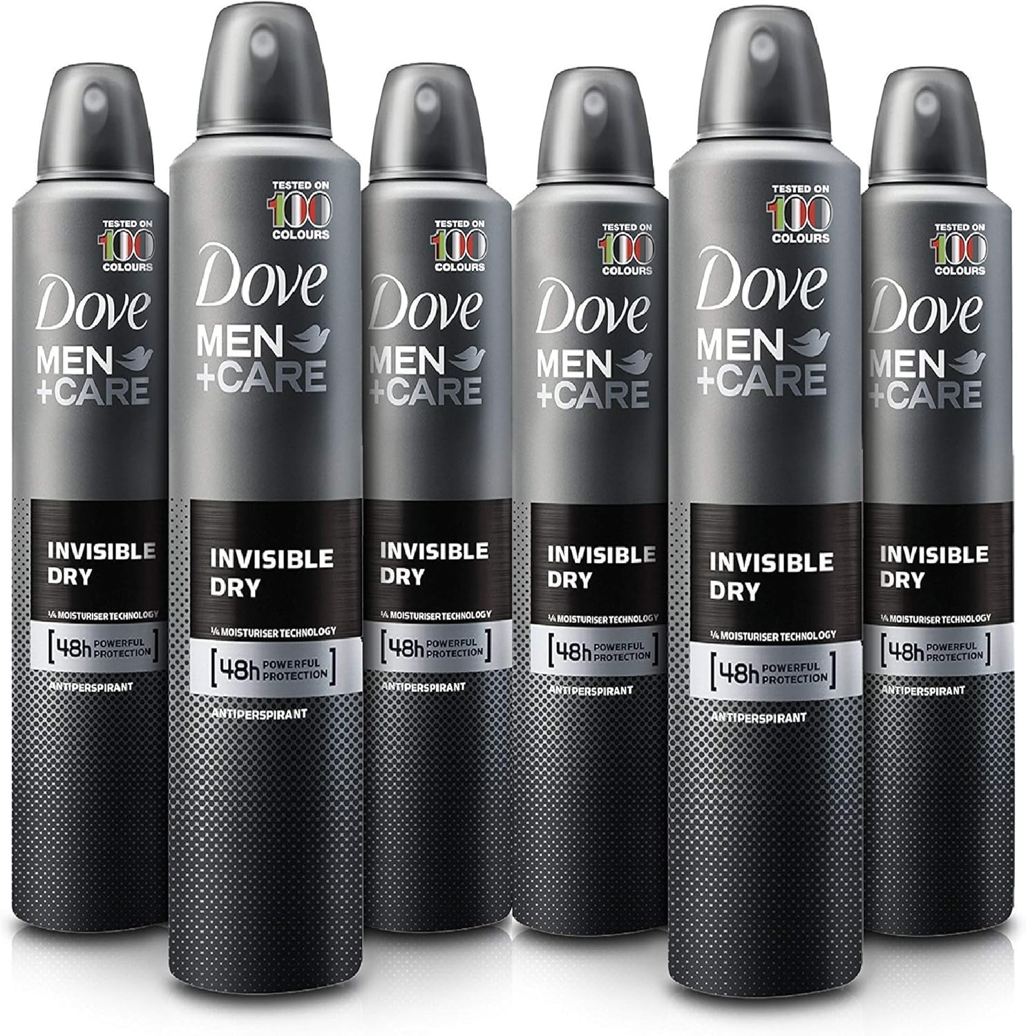 Dove Men+Care Invisible Dry six-pack antiperspirant spray for all-day protection.