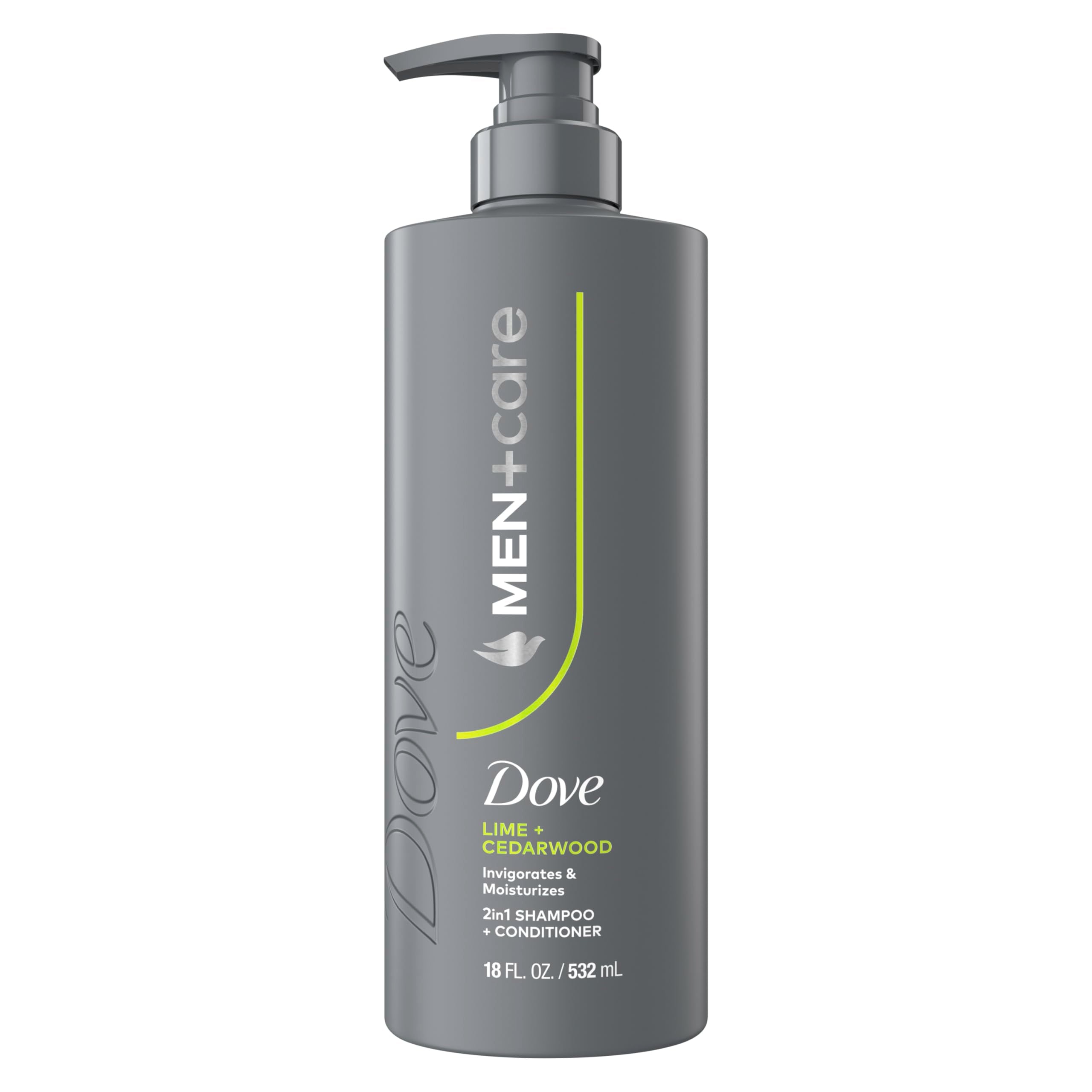 Dove Men+Care Lime and Cedarwood bottle showing 2-in-1 formula for strong, fresh hair