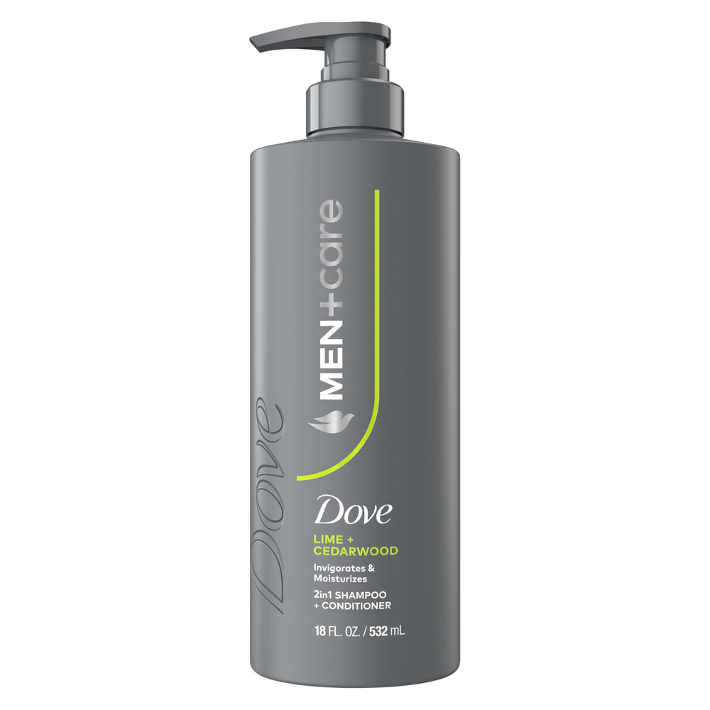 Dove Men+Care Lime and Cedarwood bottle showing 2-in-1 formula for strong, fresh hair