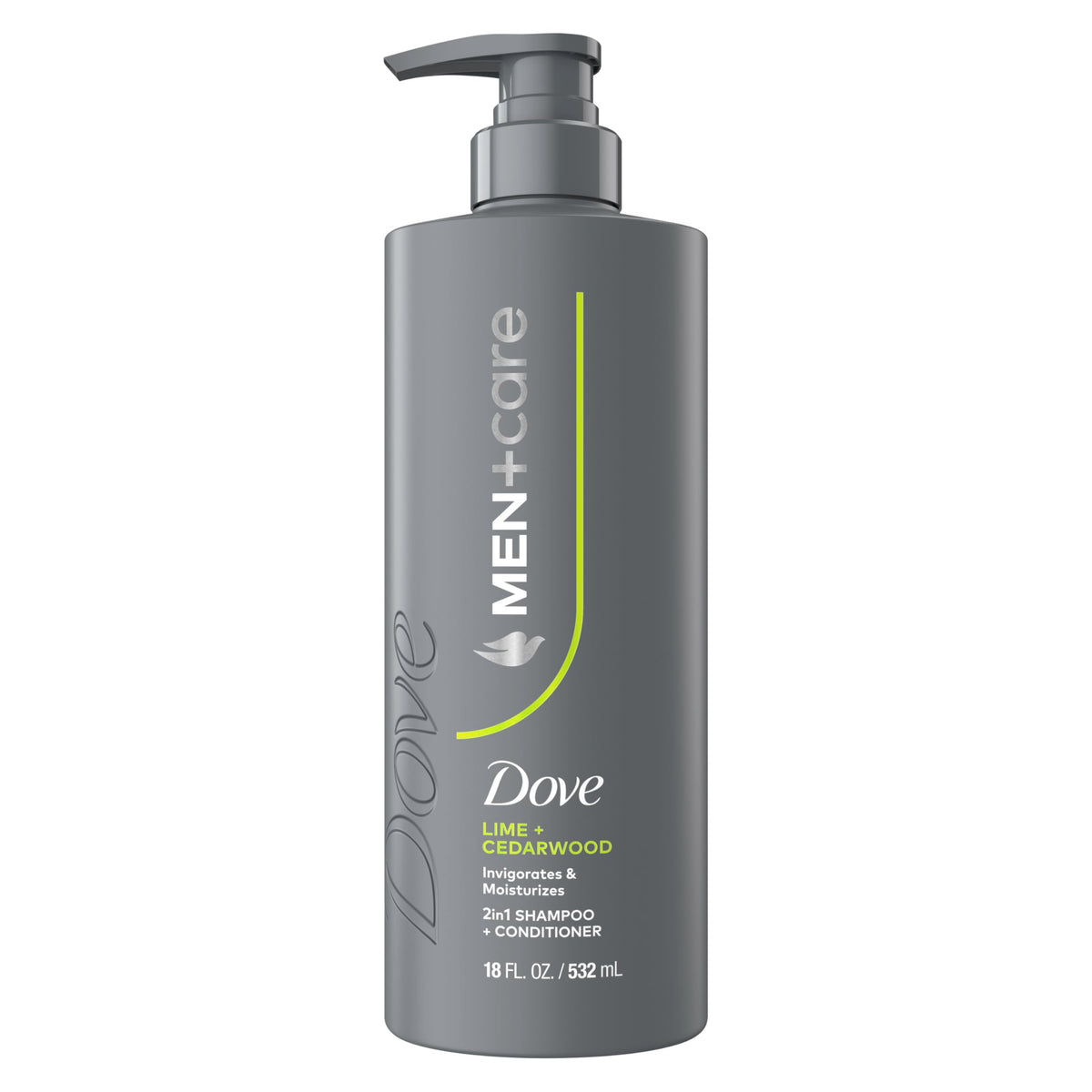 Dove Men+Care Lime and Cedarwood bottle showing 2-in-1 formula for strong, fresh hair