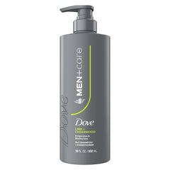 Dove Men+Care Lime and Cedarwood bottle showing 2-in-1 formula for strong, fresh hair