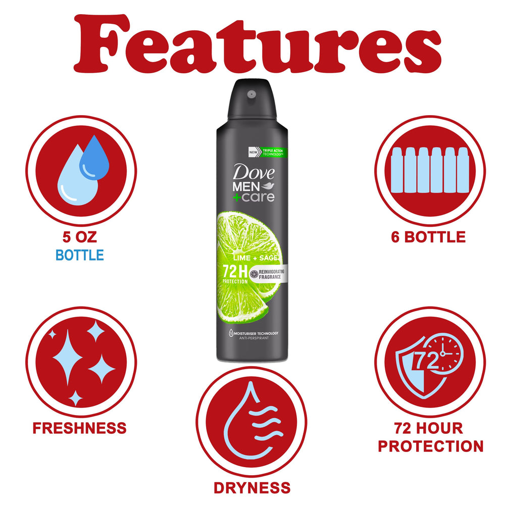 Close-up of Dove Men+Care Lime + Sage spray bottle delivering long-lasting odor defense.