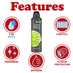 Close-up of Dove Men+Care Lime + Sage spray bottle delivering long-lasting odor defense.