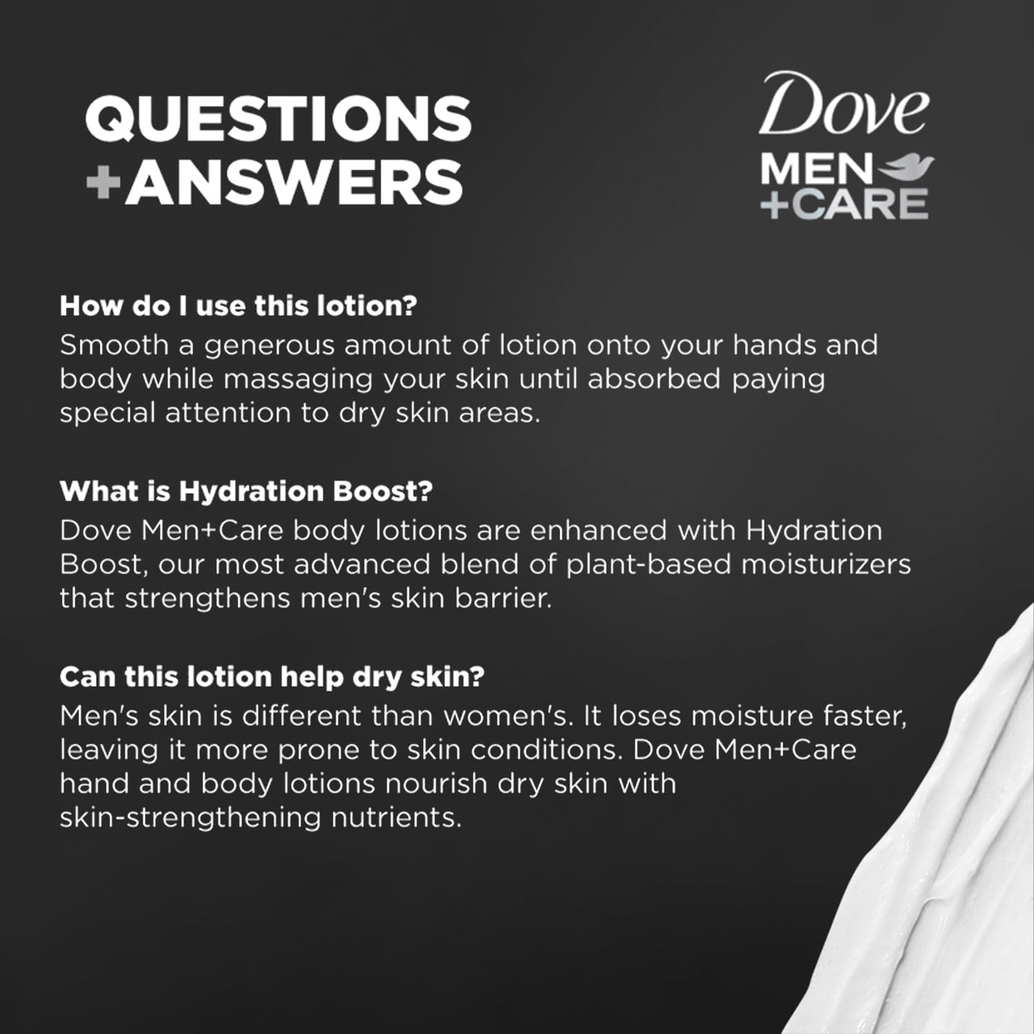Close-up of Dove Men+Care lotion texture highlighting non-greasy finish