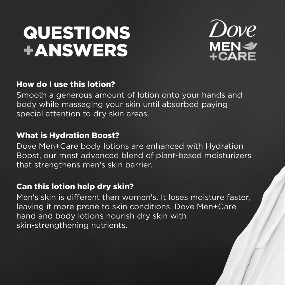 Close-up of Dove Men+Care lotion texture highlighting non-greasy finish