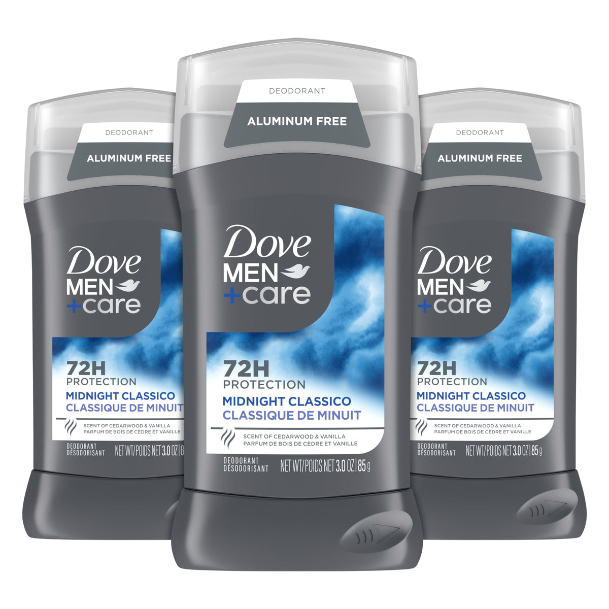 Dove Men+Care Midnight Classico packaging shows aluminum-free formula and long-lasting protection.