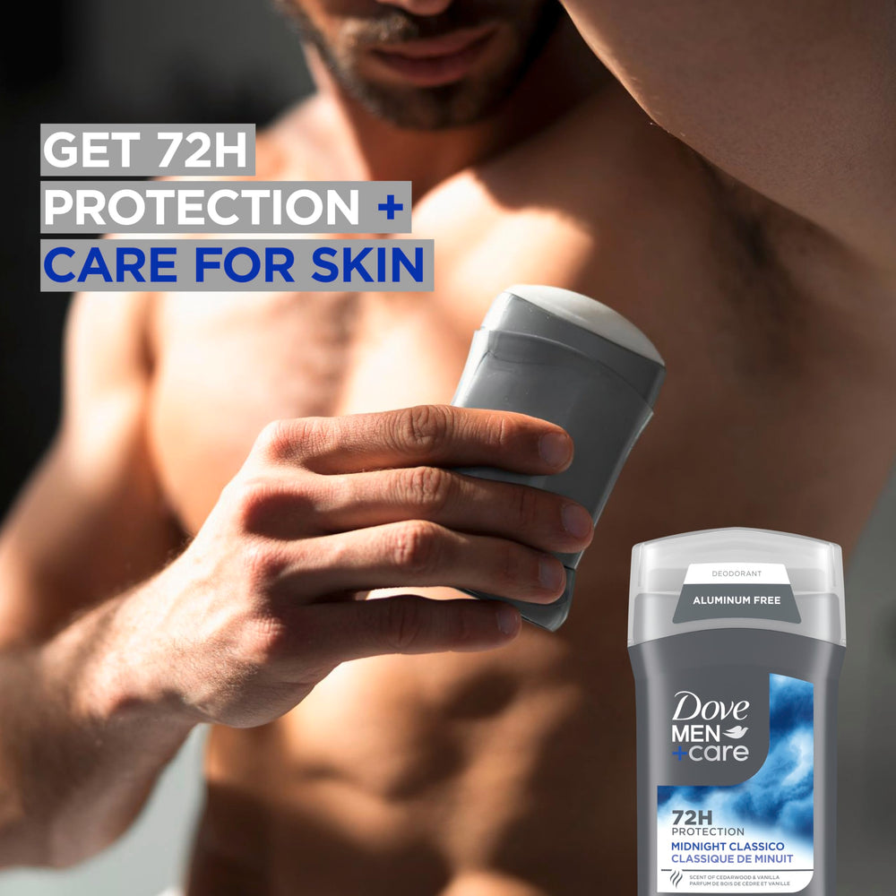 Dove Men+Care Midnight Classico 72-hour protection implied by product design and scent.