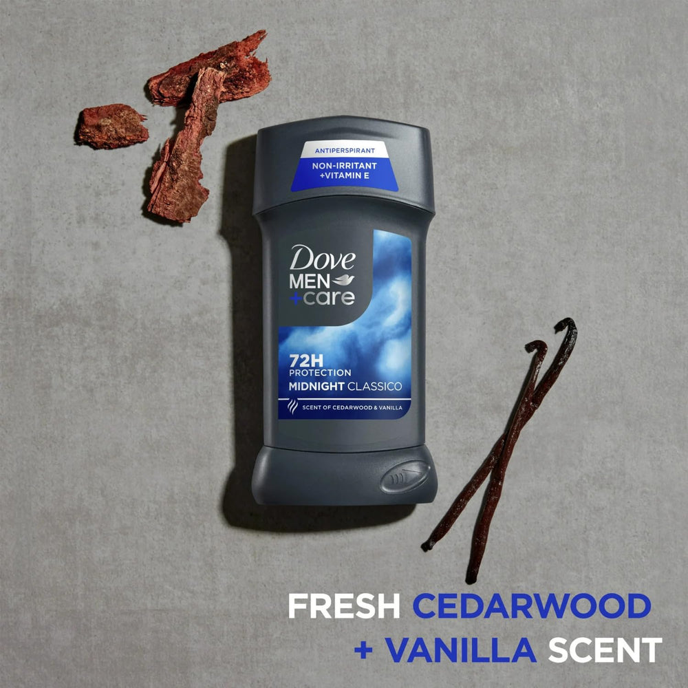 Dove Men+Care Midnight Classico pack-shot showing four sticks for daily protection