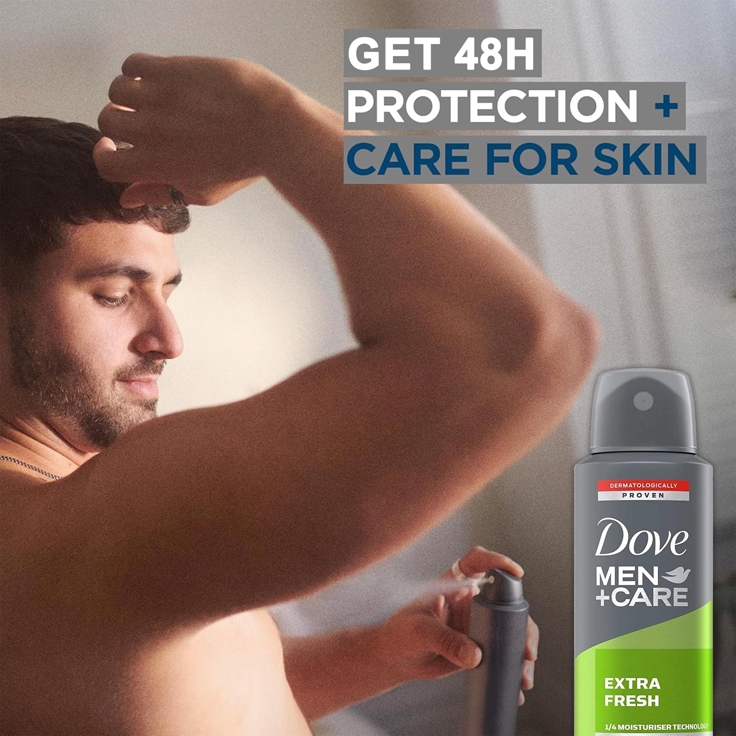 Dove Men+Care Moisturizer technology in spray for skin comfort.