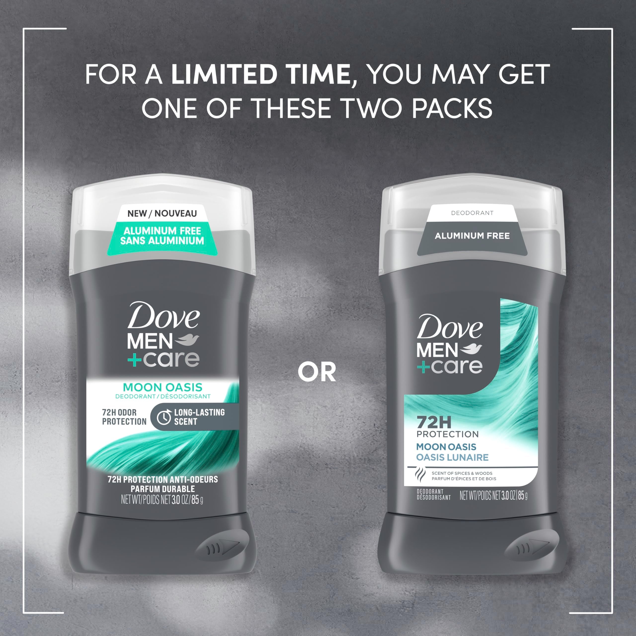 Dove Men+Care Moon Oasis aluminum-free formula with moisturizing cream.