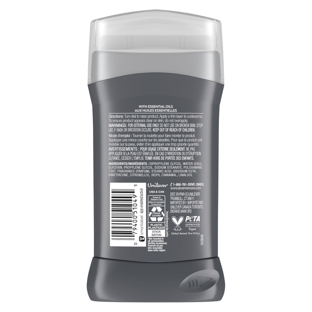 Dove Men+Care Moon Oasis woody citrus fragrance noted on the deodorant.