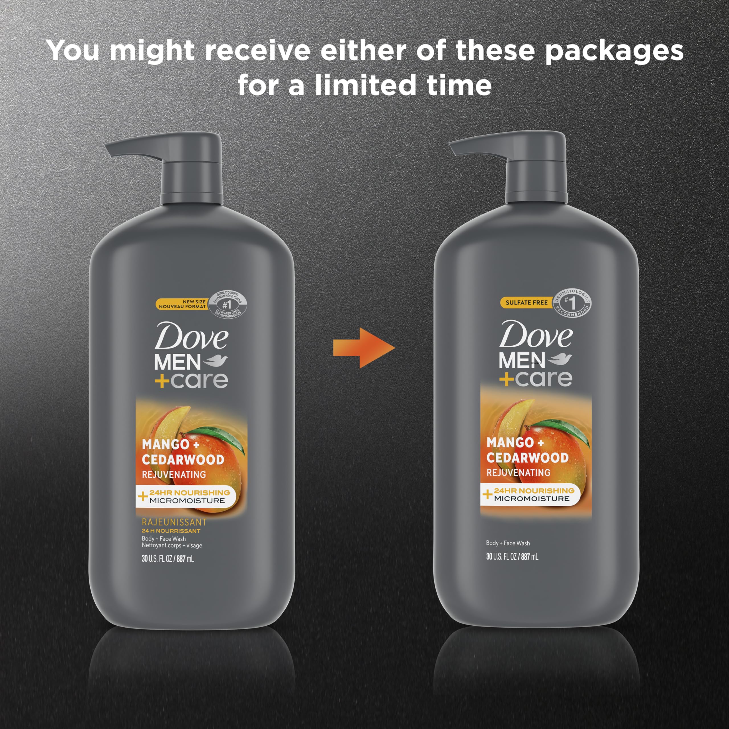 Dove Men+Care Mango + Cedro hidrata la piel durante 24 horas.