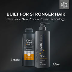 DOVE MEN+CARE piritiona-zinc anti-caspa; cabello sin caspa visible.