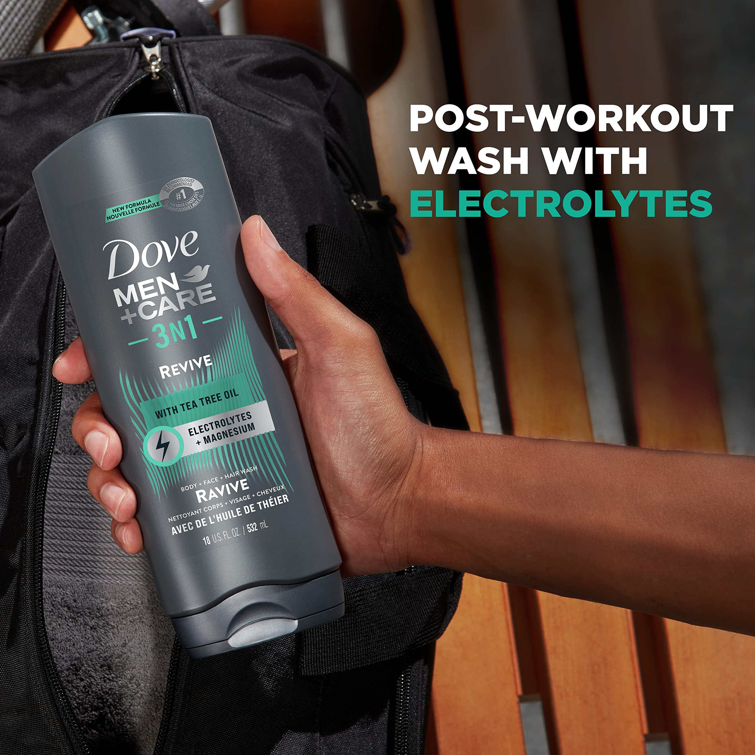 DOVE MEN+CARE post-workout 3in1 Revive Tea Tree Oil bottle side view
