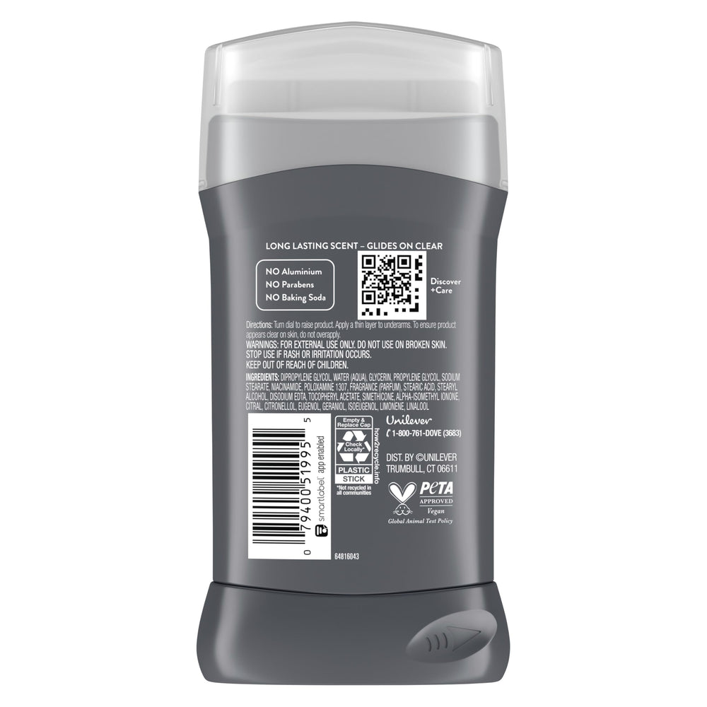 Dove Men+Care desodorante sin aluminio, protección de 72 horas para días activos.