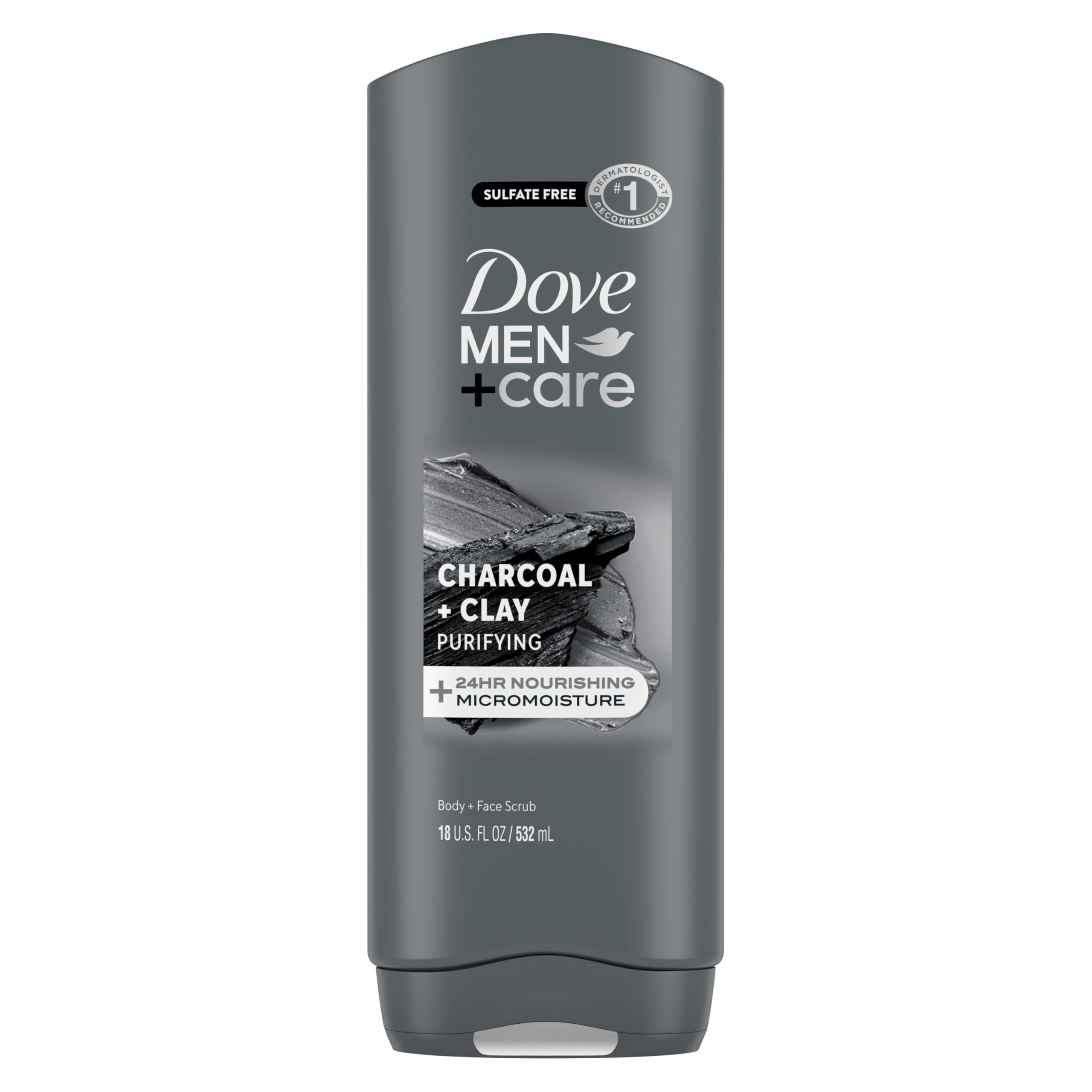 Dove Men+Care purifying charcoal–clay bottle delivering hydration for daily smooth skin.