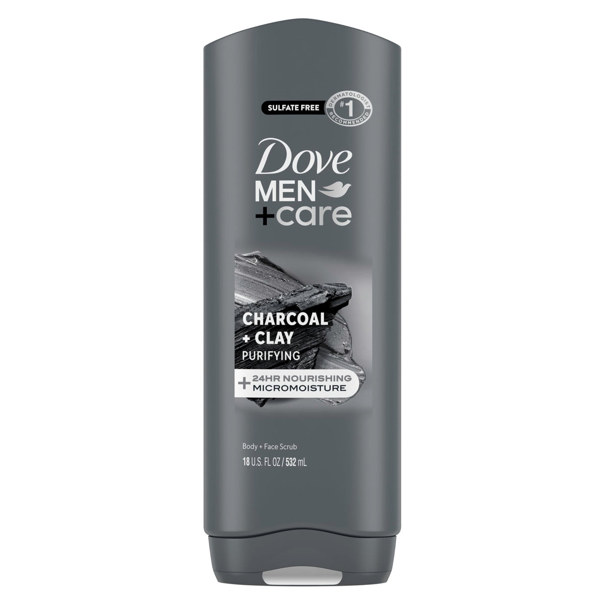 Dove Men+Care purifying charcoal–clay bottle delivering hydration for daily smooth skin.
