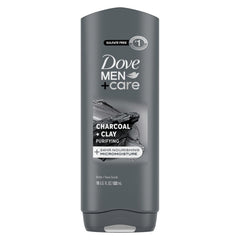 Dove Men+Care purifying charcoal–clay bottle delivering hydration for daily smooth skin.