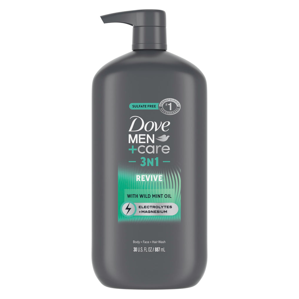 Dove Men+Care Revive 3en1: botella vertiendo, hidratación duradera