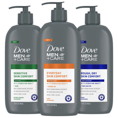 Dove Men+Care Rough Dry with Shea Butter bottle showing creamy texture and hydration