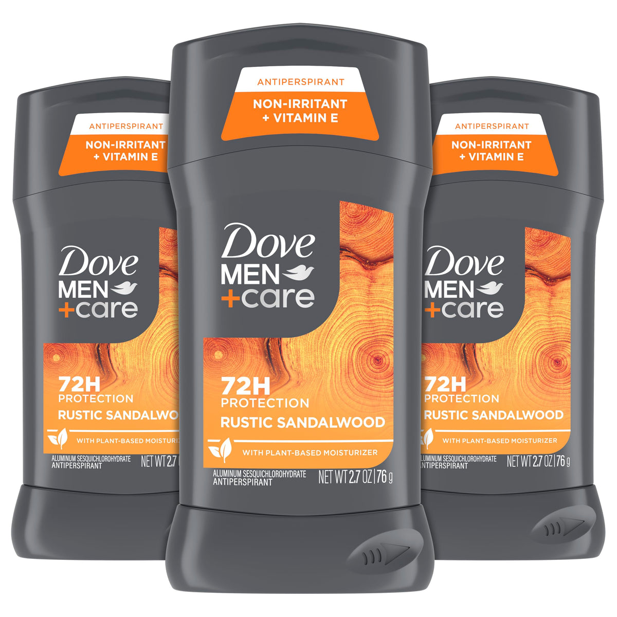 Dove Men+Care Rustic Sandalwood antiperspirant stick close-up showing long-lasting odor protection.