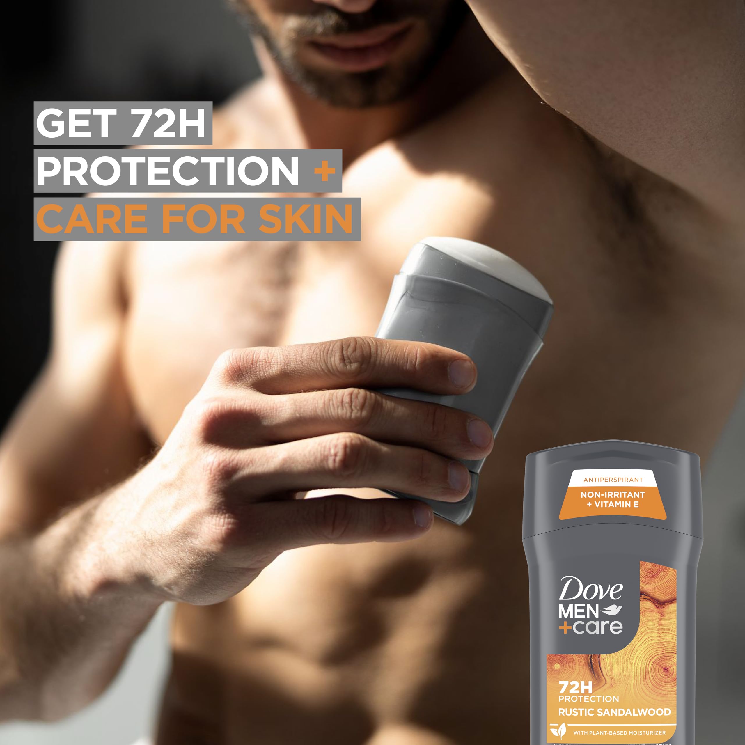 Close-up of sandalwood scent on Dove Men+Care antiperspirant for daily calm.