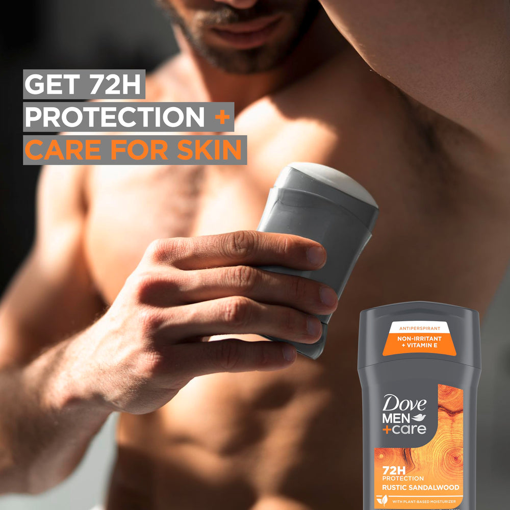 Close-up of sandalwood scent on Dove Men+Care antiperspirant for daily calm.