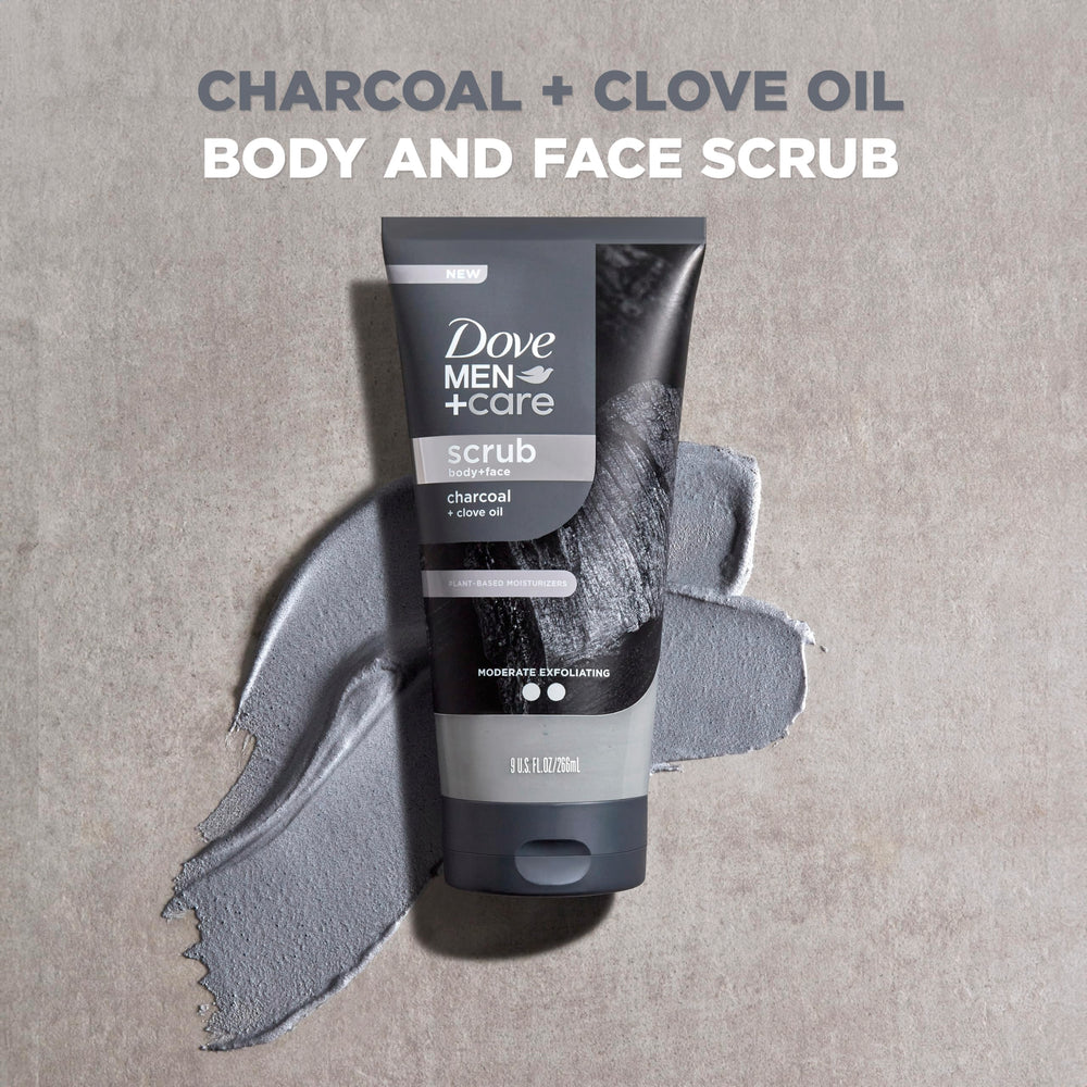 DOVE MEN + CARE Scrub Carbón Clavo, aplicación en rostro mojado para limpieza profunda.