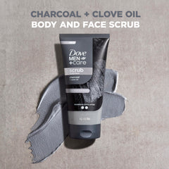 DOVE MEN + CARE Scrub Carbón Clavo, aplicación en rostro mojado para limpieza profunda.