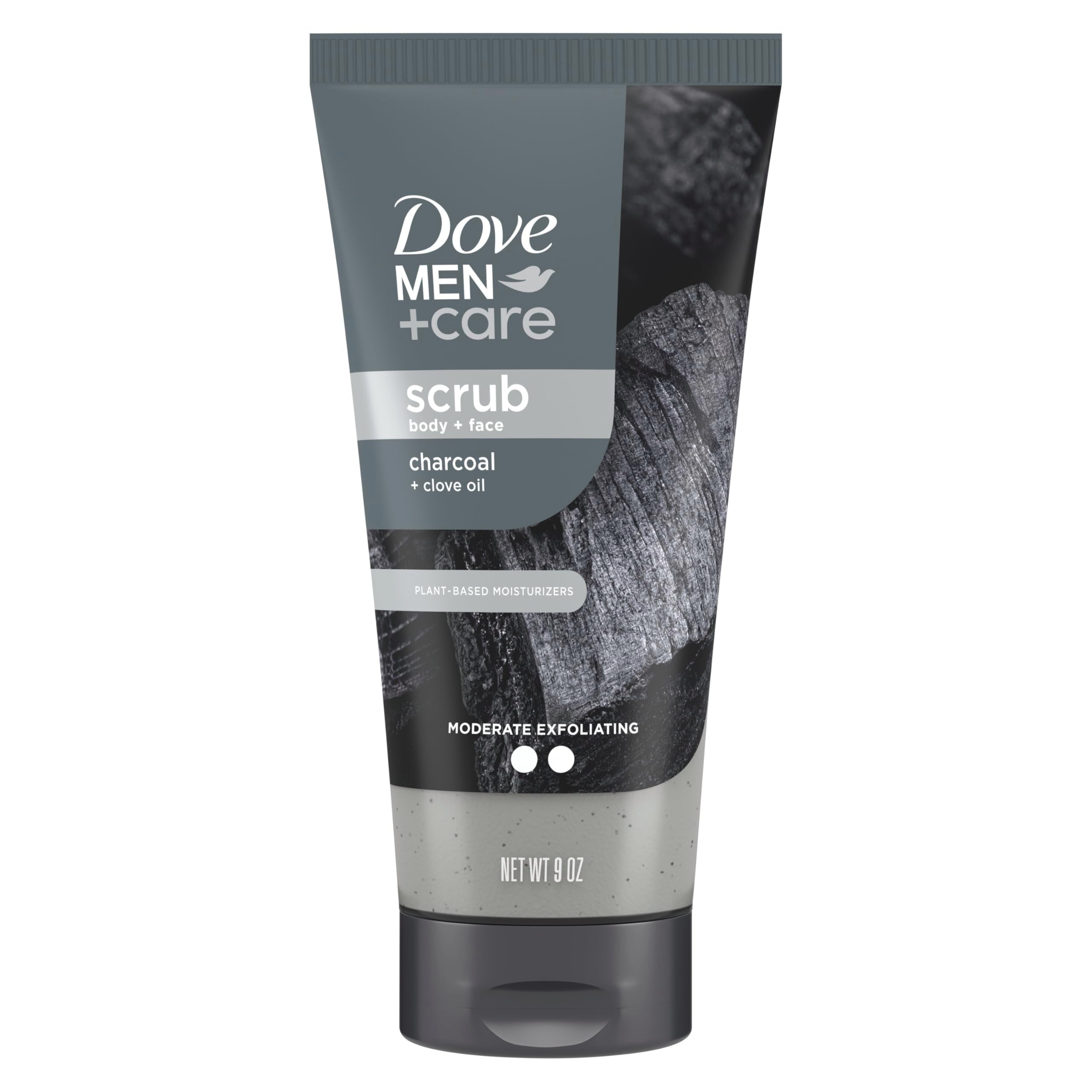 DOVE MEN + CARE Scrub Carbón Clavo, botella frontal para exfoliar suavemente y dejar la piel limpia.