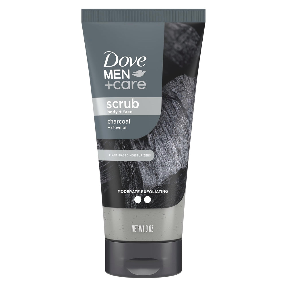 DOVE MEN + CARE Scrub Carbón Clavo, botella frontal para exfoliar suavemente y dejar la piel limpia.