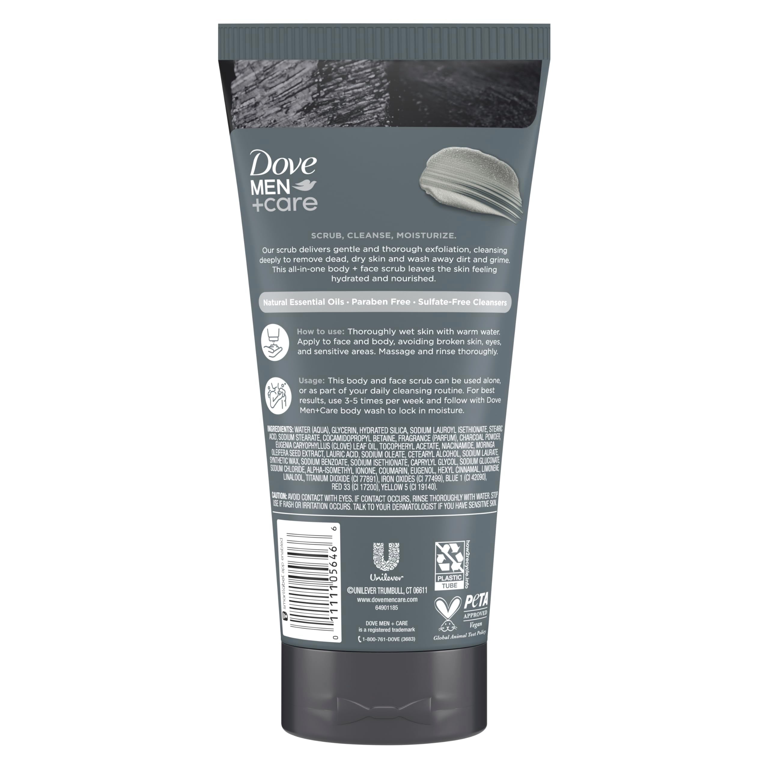 DOVE MEN + CARE Scrub Carbón Clavo, textura de gránulos visibles para exfoliar sin irritar la piel.