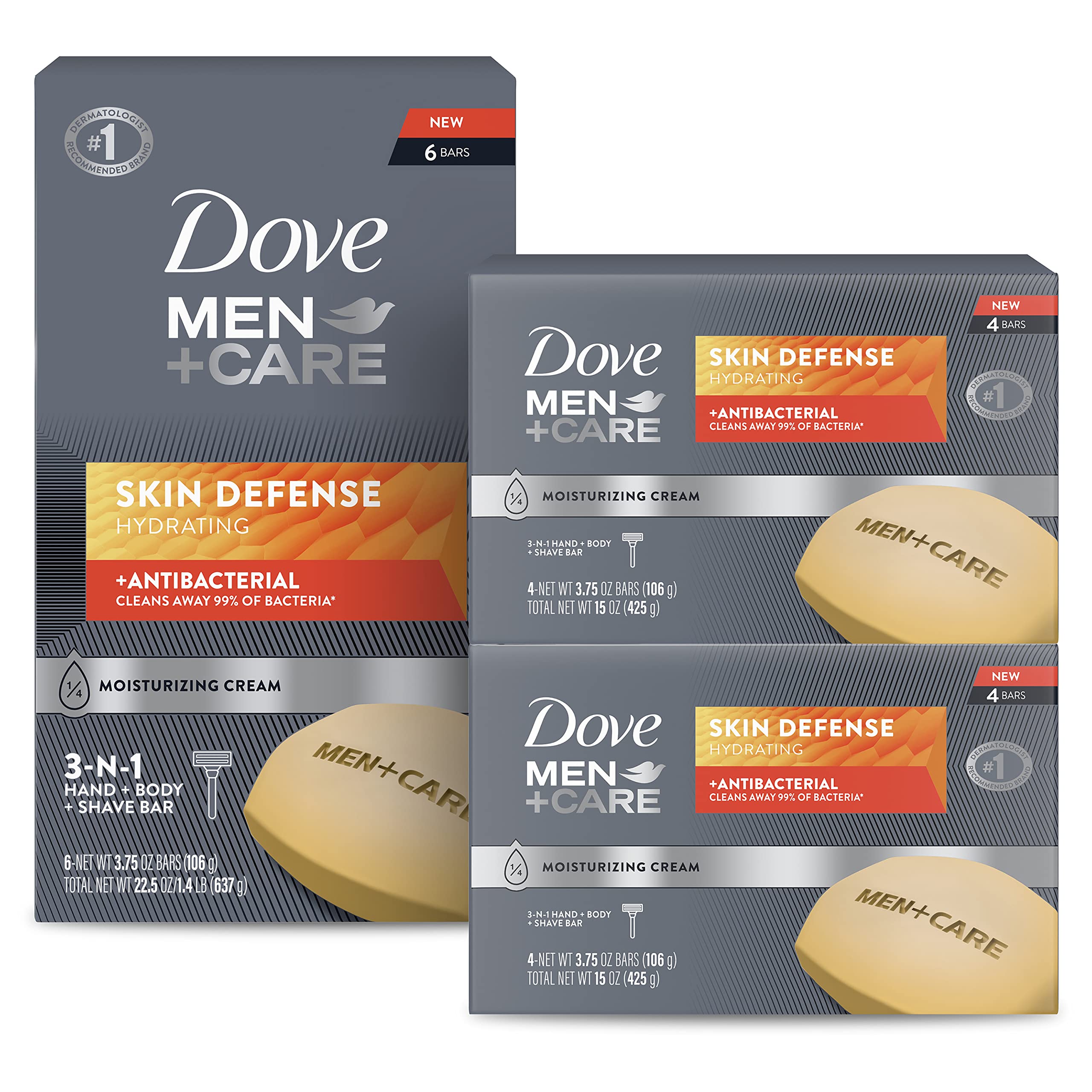 Dove Men+Care Skin Defense pack of 14 for daily antibacterial cleansing.