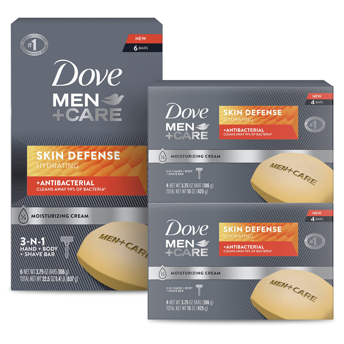 Dove Men+Care Skin Defense pack of 14 for daily antibacterial cleansing.