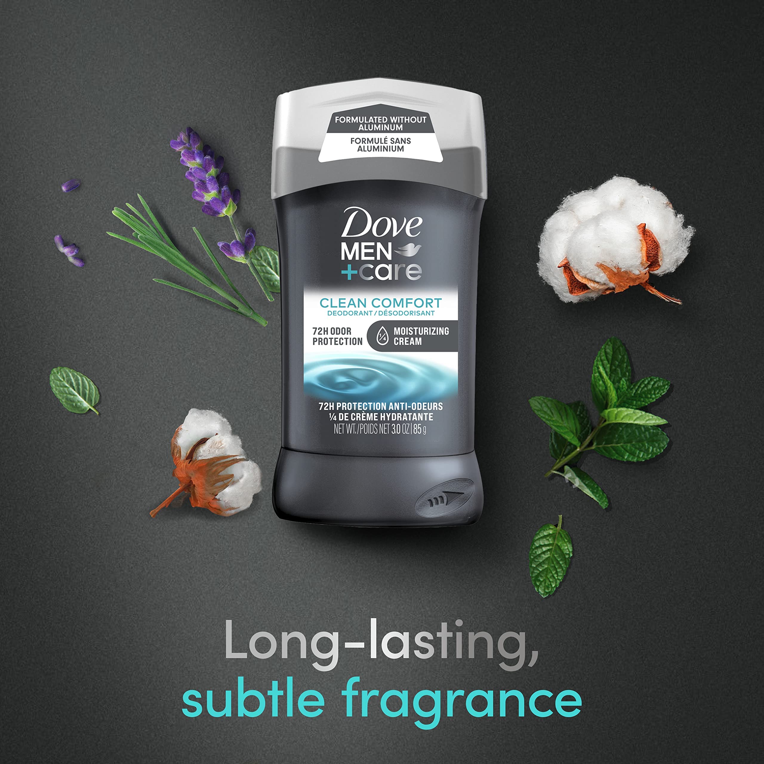 Dove Men+Care long lasting subtle fragrance for all day wear.
