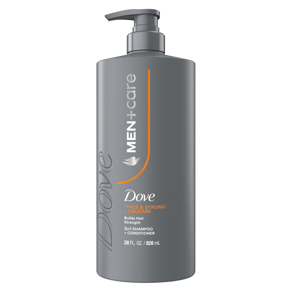 Dove Men Care Thick Strong shampoo bottle showing 2-in-1 care for stronger hair
