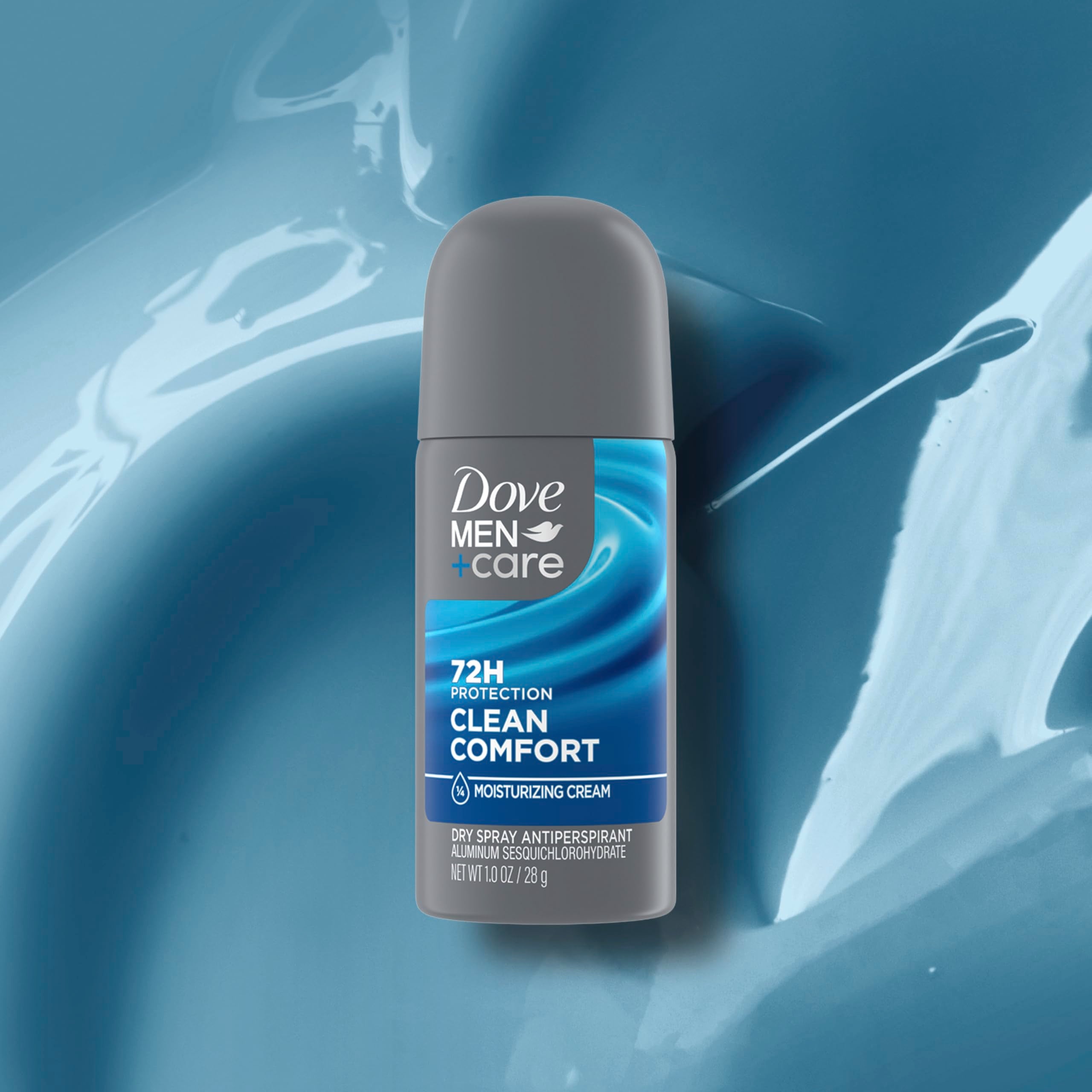 Dove Men+Care triple-defense technology diagram highlights 72h odor and wetness protection.