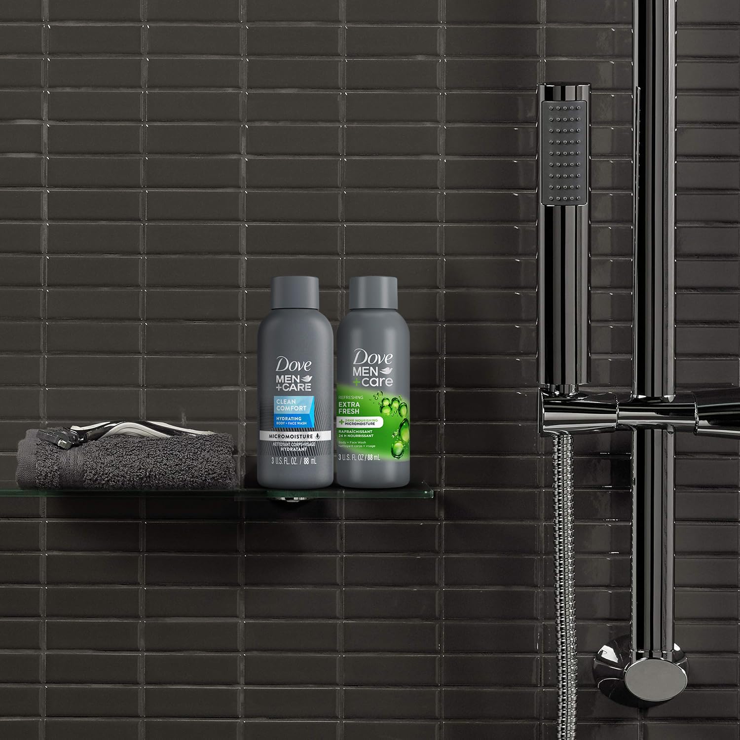 Dove Men+Care 2-pack packaging highlights convenient travel kit.