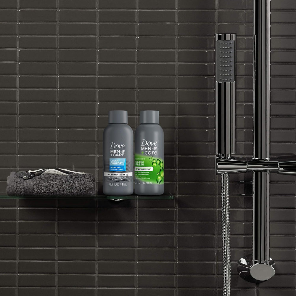 Dove Men+Care 2-pack packaging highlights convenient travel kit.